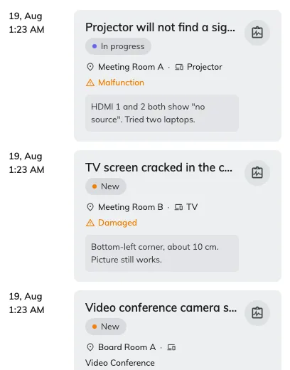 Your own reports under the Reported issues filter, newest first.
