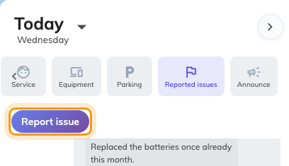 The Reported issues filter, and the Report issue action it reveals.