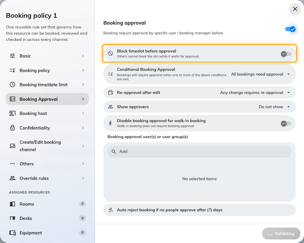 The policy's Approval page: the holding variant is the switch under Require booking approval.