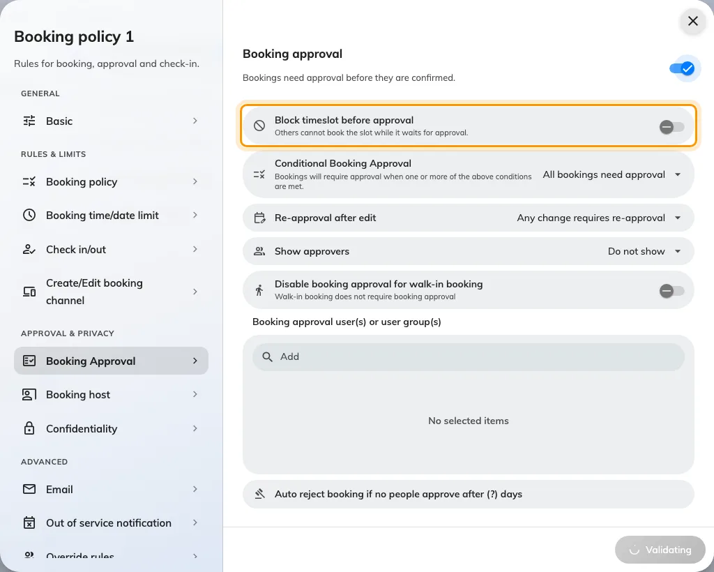 The policy's Approval page: the holding variant is the switch under Require booking approval.