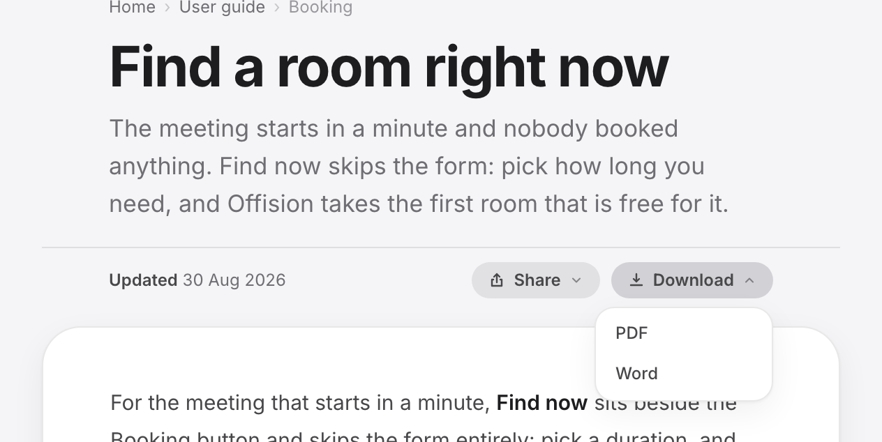 The Download pill on any article. Word is a real file; PDF goes through the browser's print dialog.