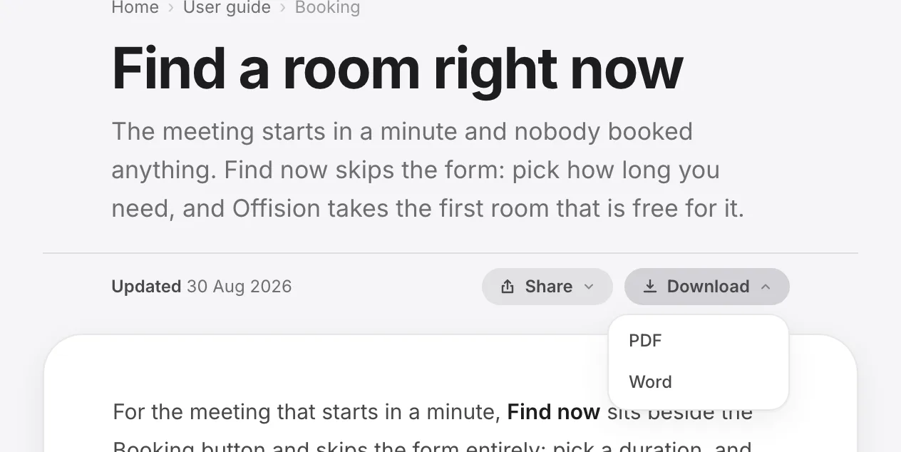 The Download pill on any article. Word is a real file; PDF goes through the browser's print dialog.