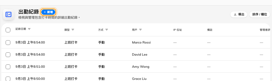 打卡清單 — 每列一筆上班或下班打卡，帶著日期、類型和方式。新增可補上有人漏打的卡。