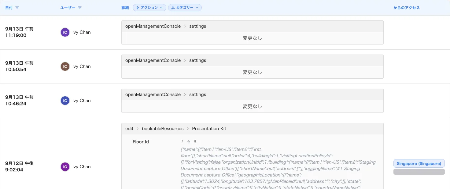 日付、ユーザー、詳細、からのアクセス — 起きたこと1件につき1行、新しい順。