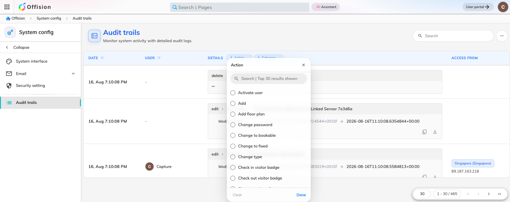 The Action filter, above the details column. Tick the sign-in actions to reduce the trail to them.