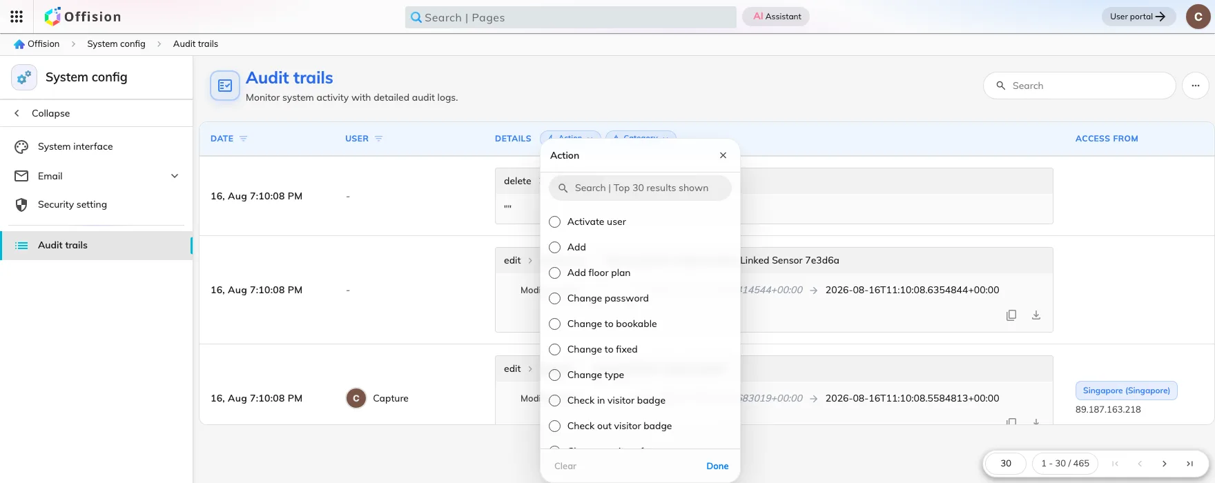 The Action filter, above the details column.