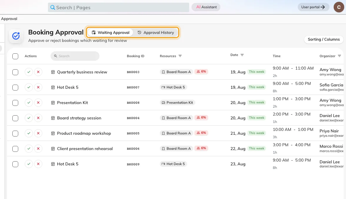 The admin queue: waiting requests, and everything already decided.