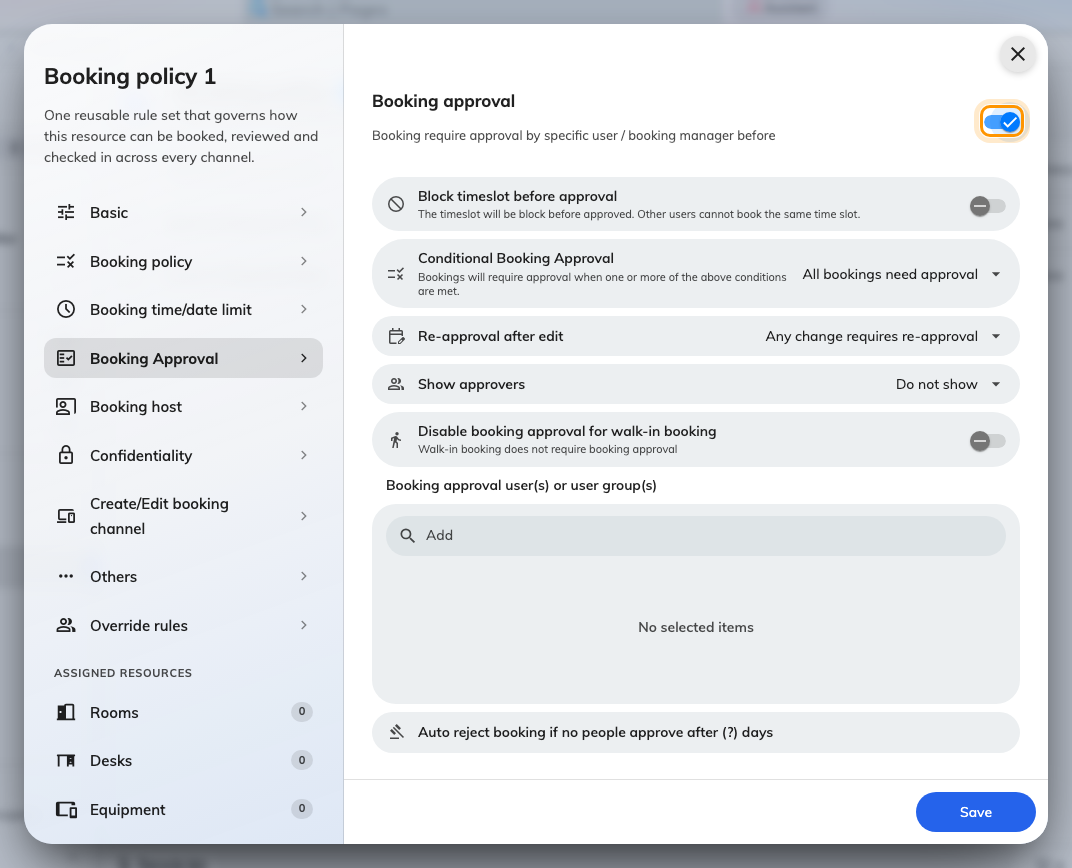 Everything below appears only once Booking approval is on.