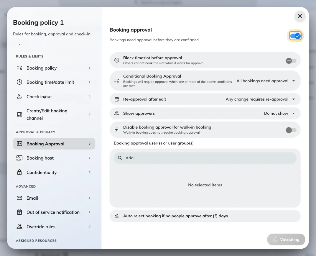Everything below appears only once Booking approval is on.