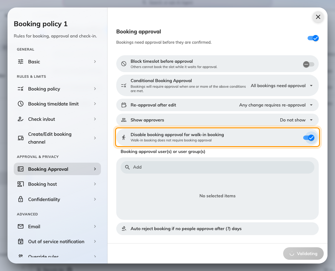 Disable booking approval for walk-in booking, on the policy's Booking Approval page.