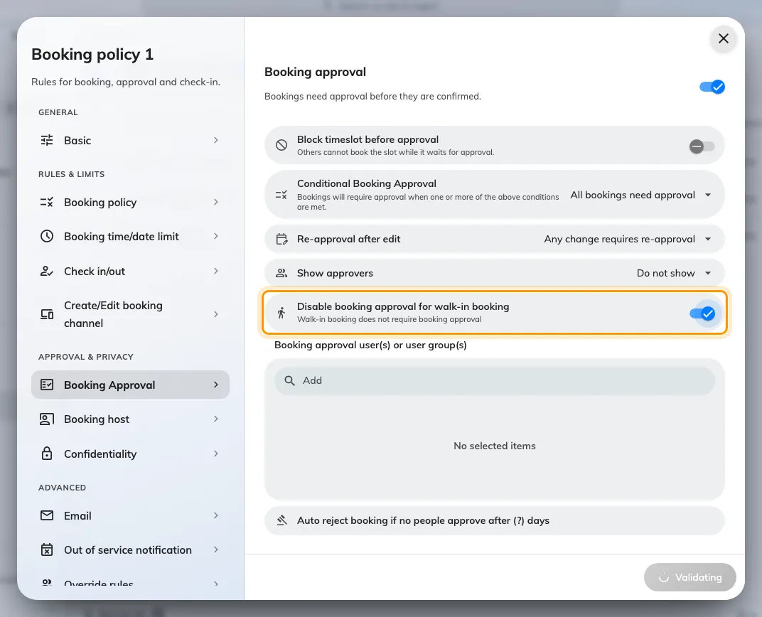 Disable booking approval for walk-in booking, on the policy's Booking Approval page.