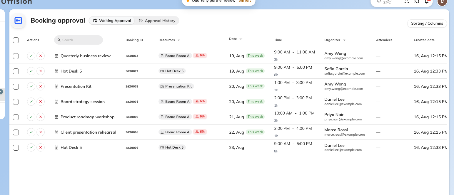 The Booking approval list, with what is waiting for you.