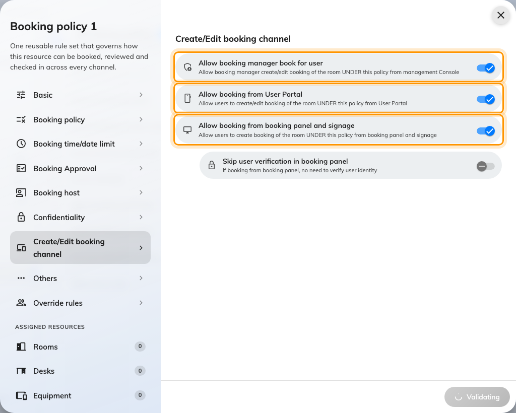 Create/Edit booking channel. Three toggles, one per surface, all on to begin with.