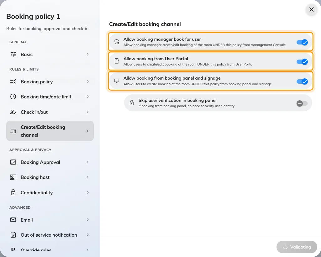 Create/Edit booking channel. Three toggles, one per surface, all on to begin with.