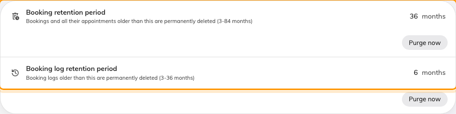 Data retention on Booking › Settings — the two retention periods.