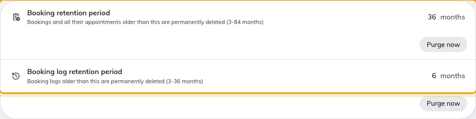 Data retention on Booking › Settings — the two retention periods.