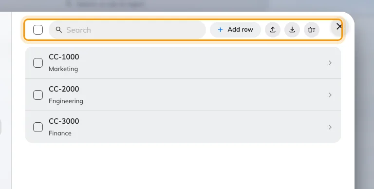 The entries, with Select all, Add row, Import, Export and Delete all above them.
