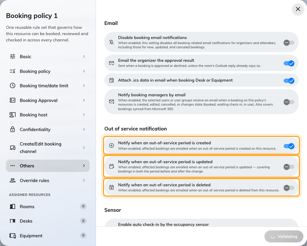 Out of service notification: created, updated and deleted are three separate decisions.