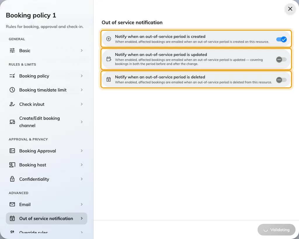 Out of service notification: created, updated and deleted are three separate decisions.
