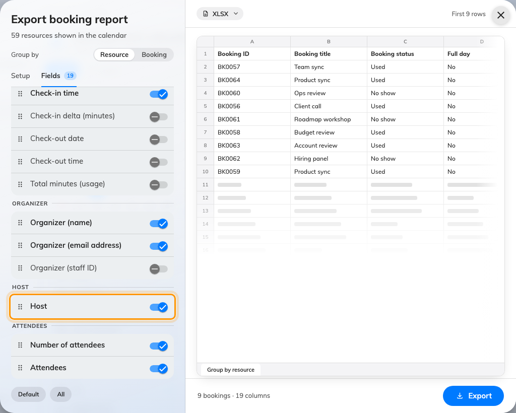 Choose the columns before you export