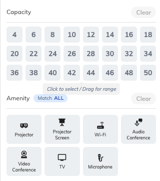 The capacity grid and the amenity cards, with Match in the header.