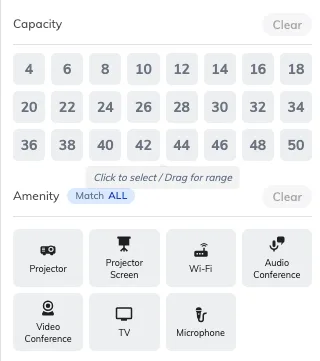 The capacity grid and the amenity cards, with Match in the header.
