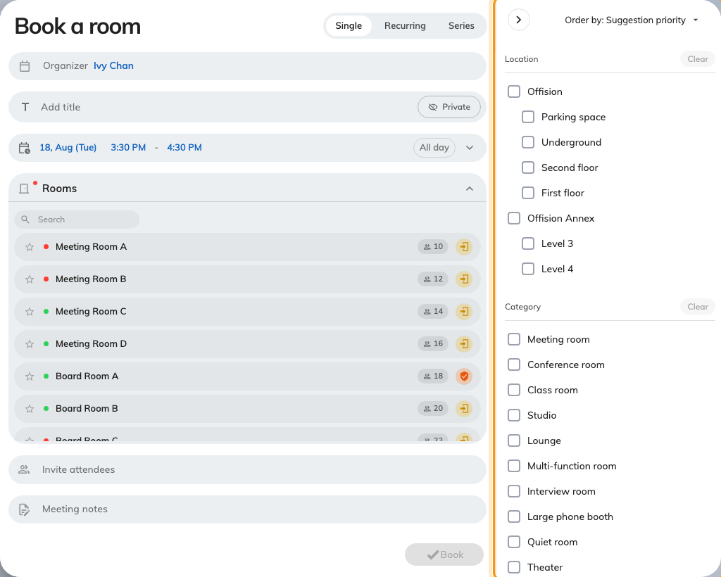 The filter panel, open beside the room list.