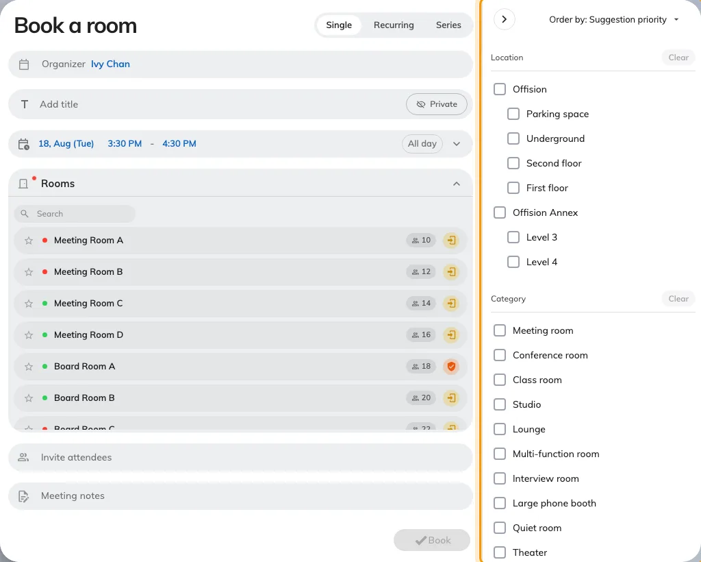 The filter panel, open beside the room list.