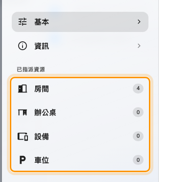 編輯畫面的頁面清單,以及已指派資源的數量。