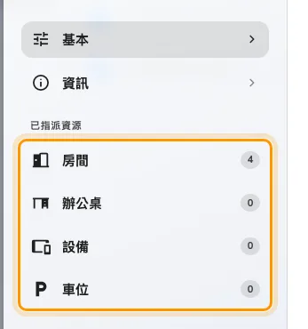 編輯畫面的頁面清單,以及已指派資源的數量。