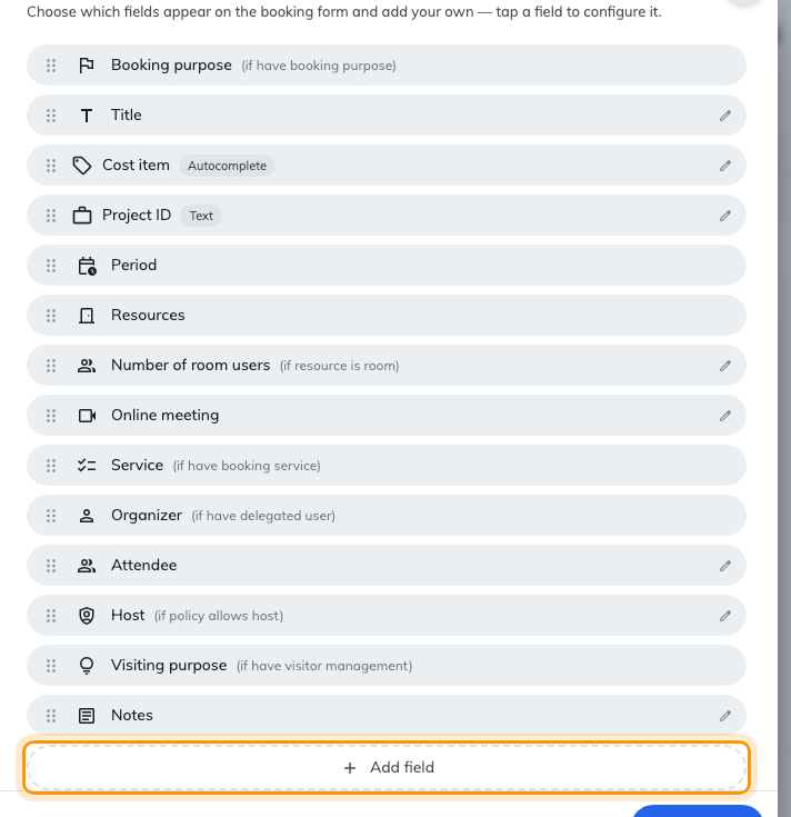 The form's fields in display order, with Add field underneath.
