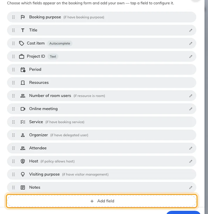 The form's fields in display order, with Add field underneath.