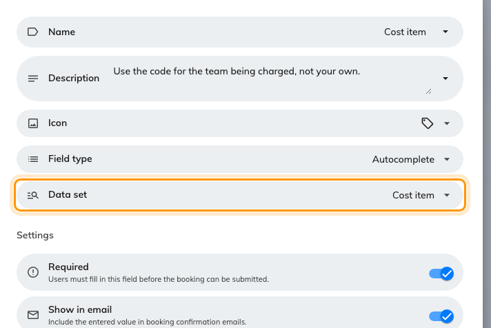 The cost item field, reading its options from the data set.