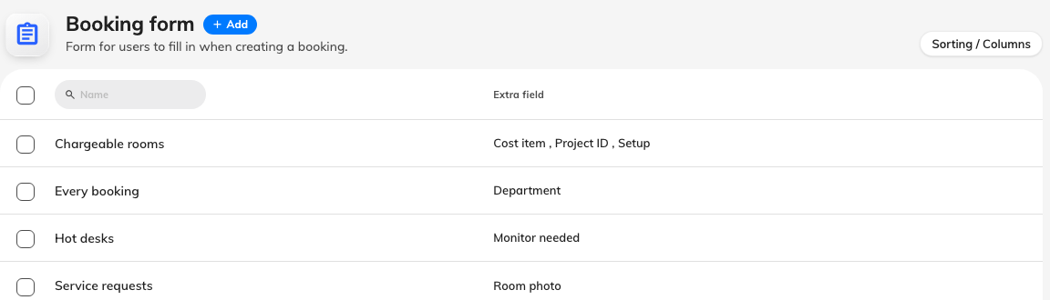 One row per form, with the fields it adds beside it.