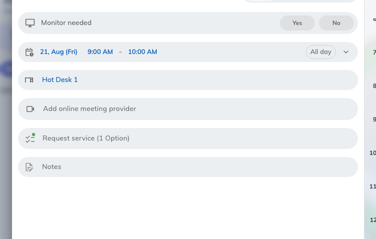 The same site, booking a desk: no title, no attendees.