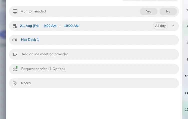 The same site, booking a desk: no title, no attendees.