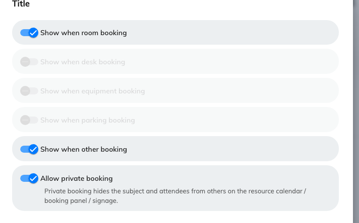 The Title field: where it appears, and whether a booking may be private.