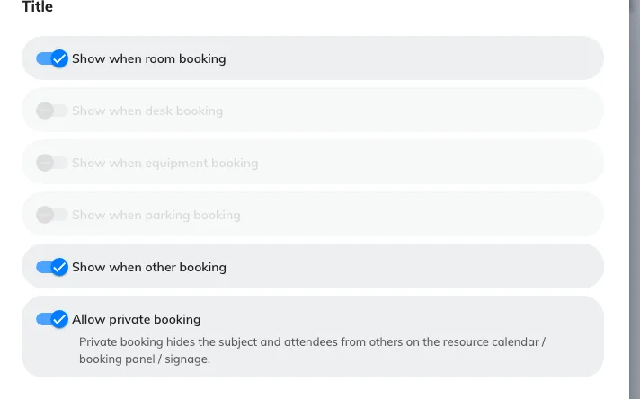 The Title field: where it appears, and whether a booking may be private.