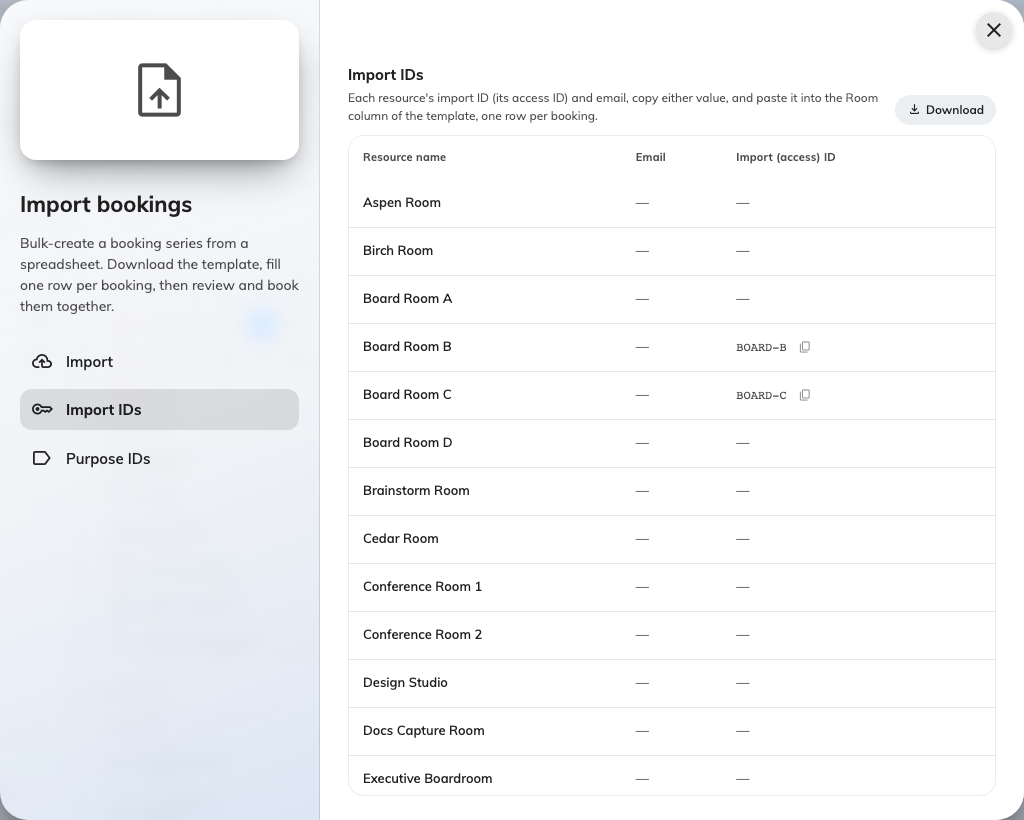 Import IDs: every room's access ID and email, ready to copy.