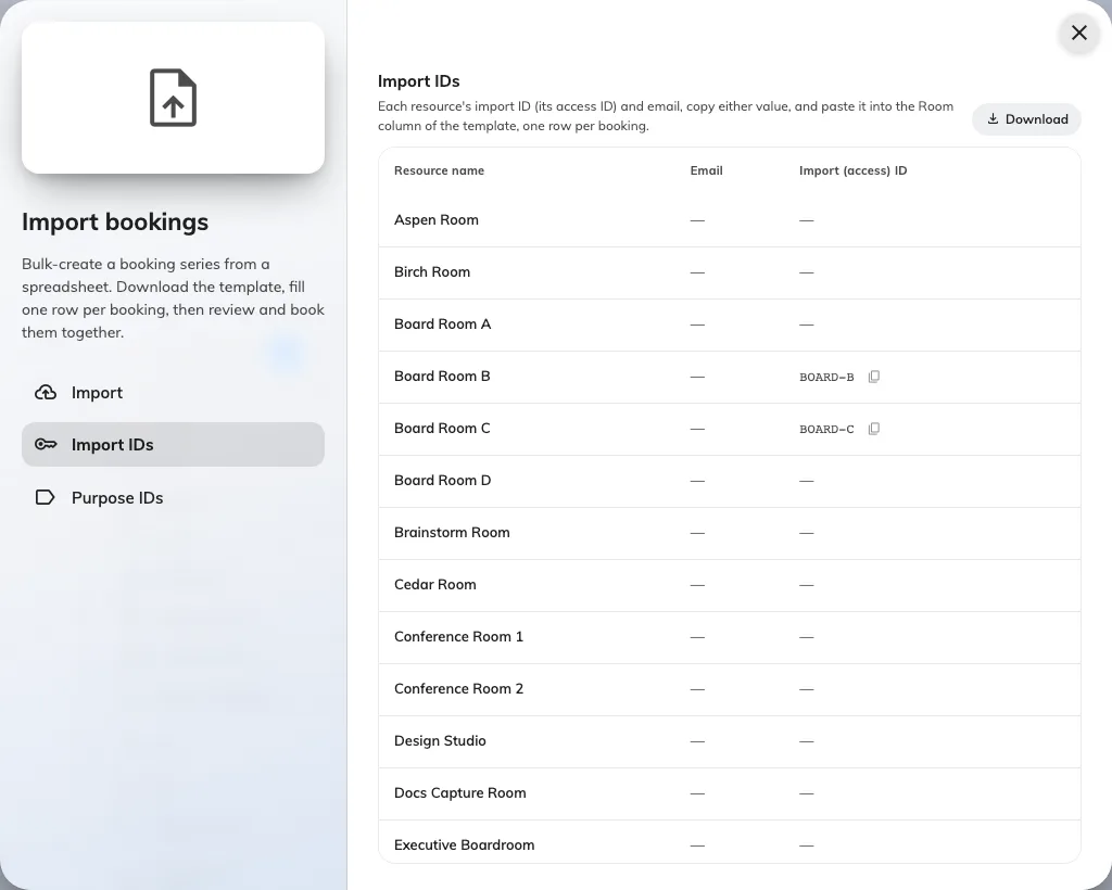 Import IDs: every room's access ID and email, ready to copy.