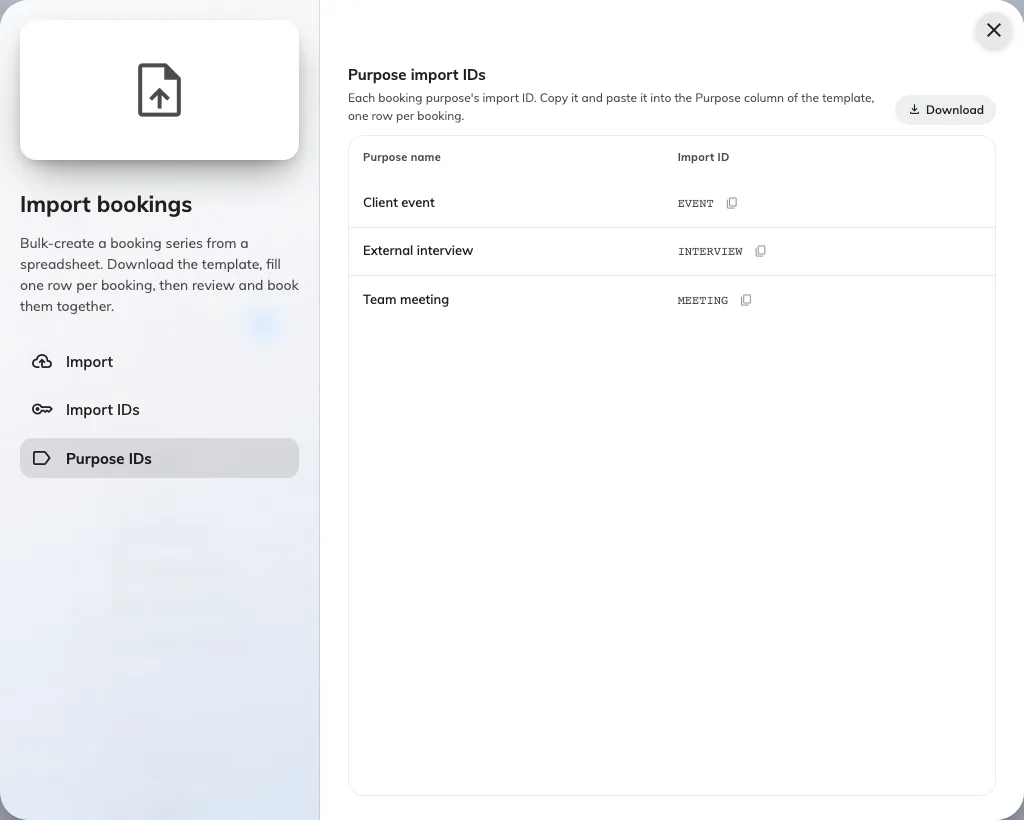 Purpose IDs: the code the Purpose column expects.