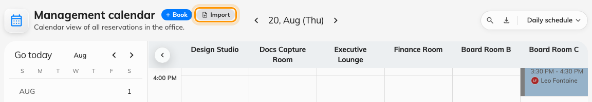 Import, next to Book on the management calendar.