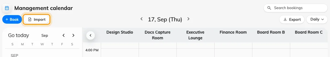 Import, next to Book on the management calendar.