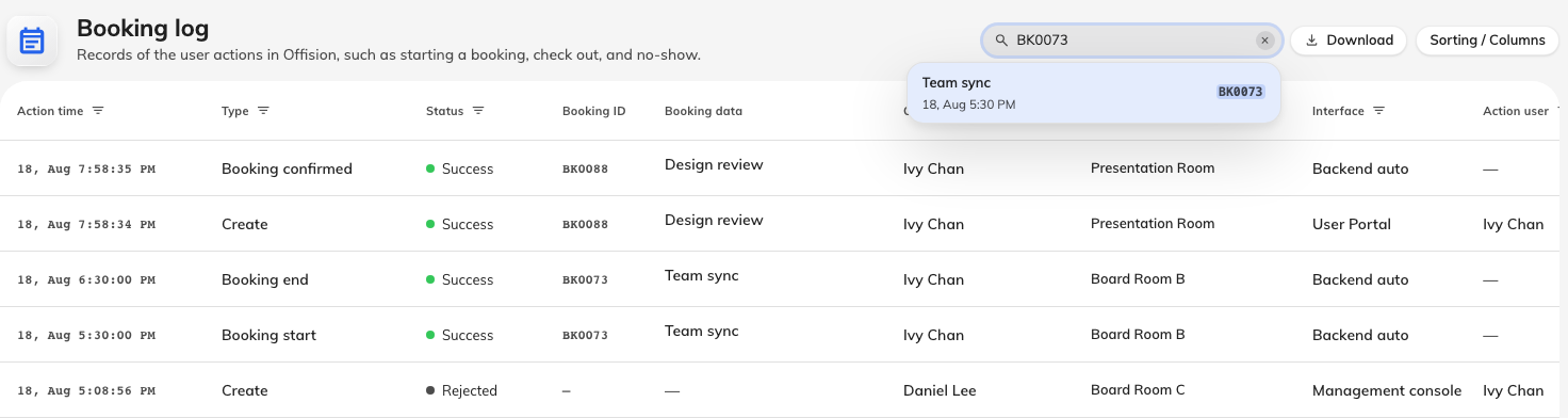 Pasting in a reference. The matching booking appears — choose it to scope the log to it.