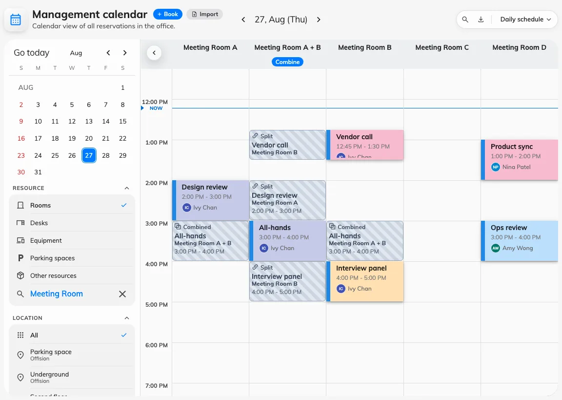 The console's own calendar. The left edge is the booking's state, whatever colour the block is.
