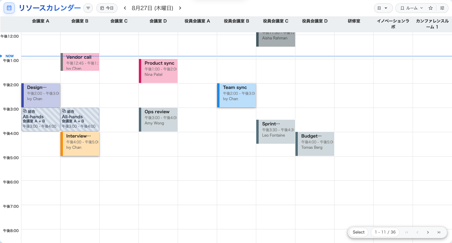 同じ日、同じルーム。予約目的ごとに色を持たせた後の姿です。