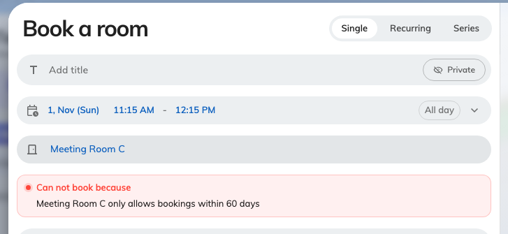 A booking placed past the window, with Book unavailable.