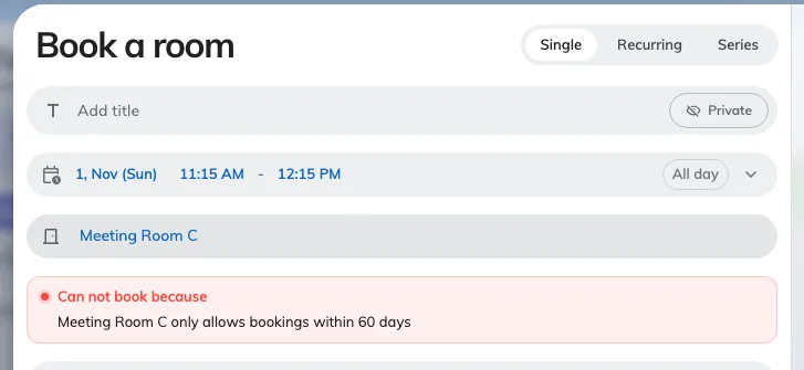 A booking placed past the window, with Book unavailable.