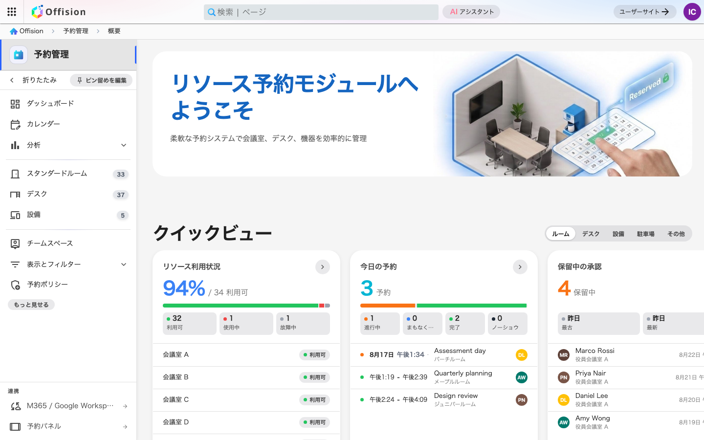管理コンソールの「予約」セクション。概要ページを表示している。