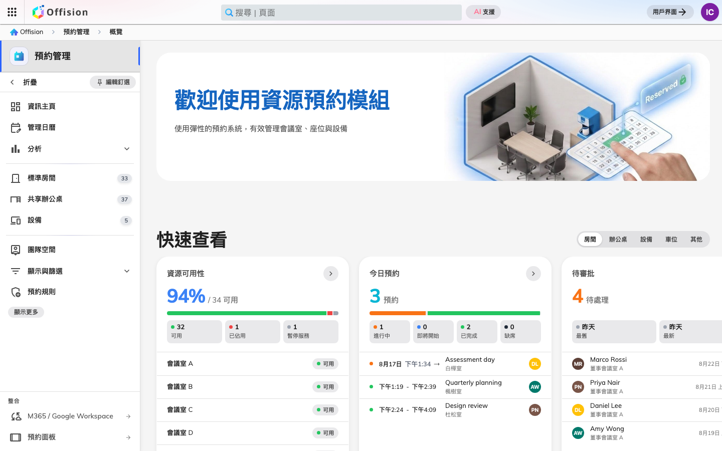 管理主控台的「預約」區段,顯示概覽頁。